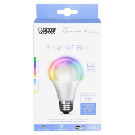 Feit Electric Feit Smart Home A19 E26 (Medium) Smart-Enabled LED Bulb Color Changing 60 Watt Equivalence 1 pk OM60/RGBW/CA/AG